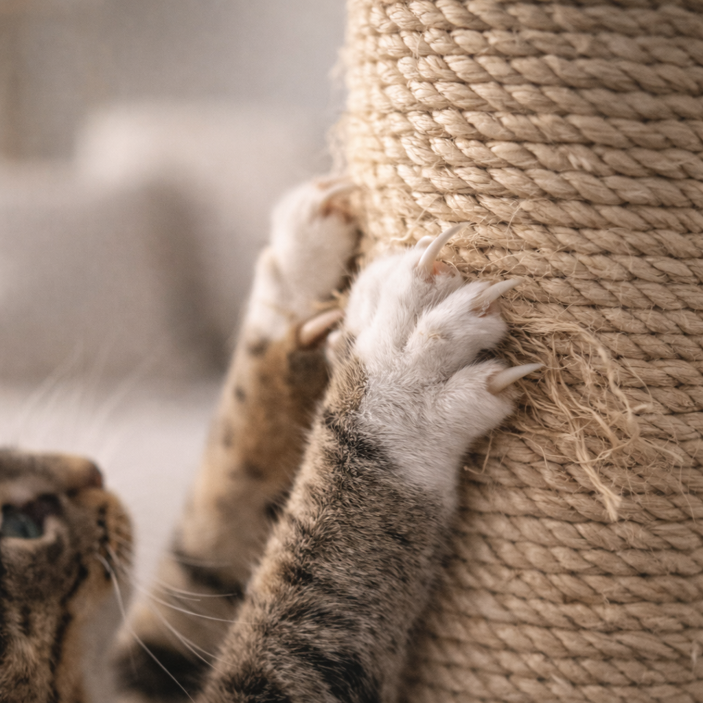 Close-up of cat actively scratching sisal surface with claws engaged, body stretched naturally
