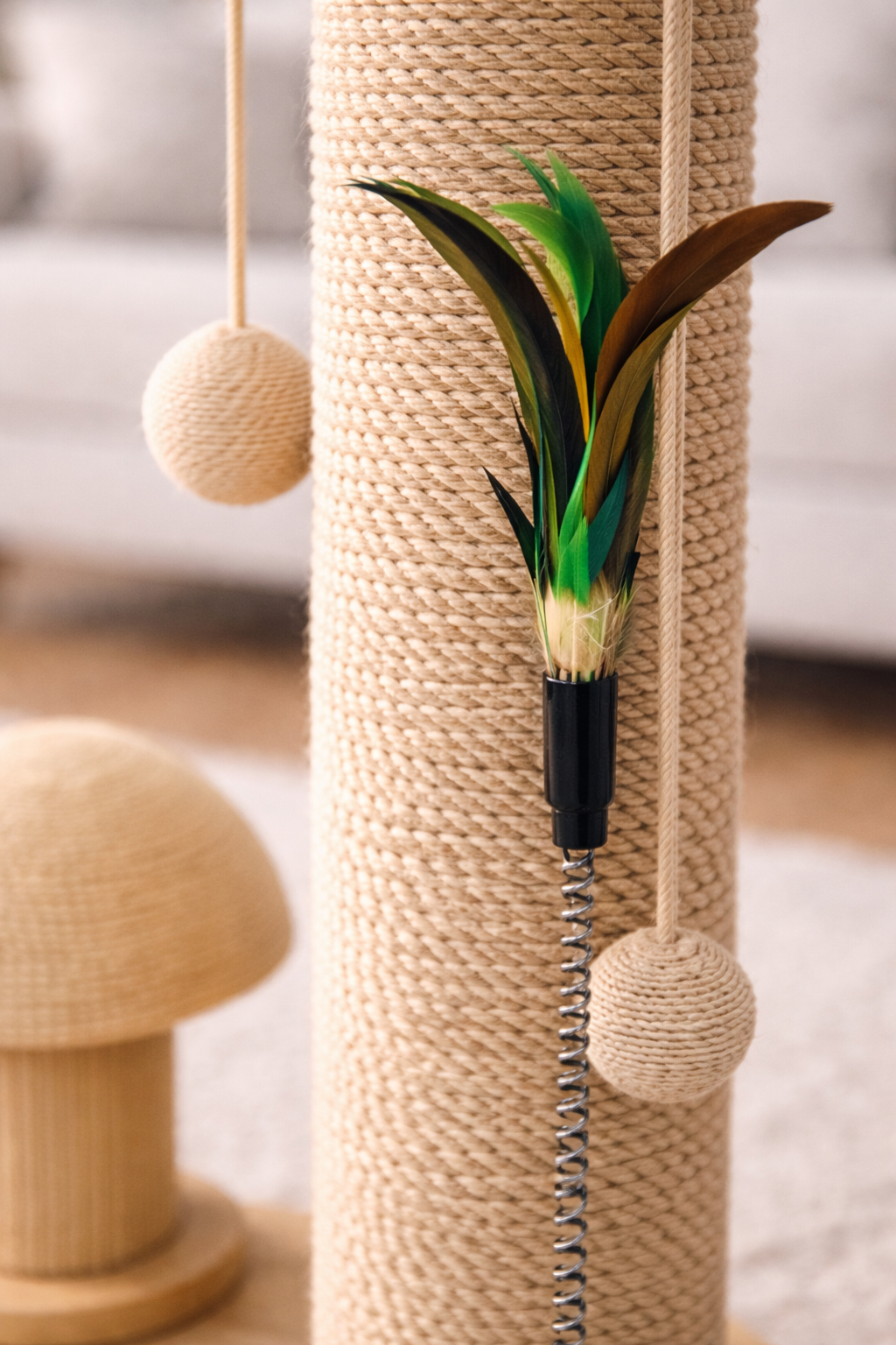 Cat playing with hanging toy balls and feather attachments on scratching post, mid-motion