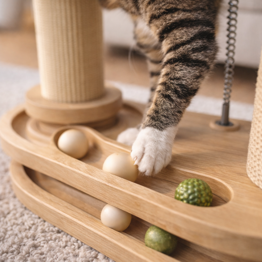 Cat playing with dual-track scratching system, actively batting balls in both tracks