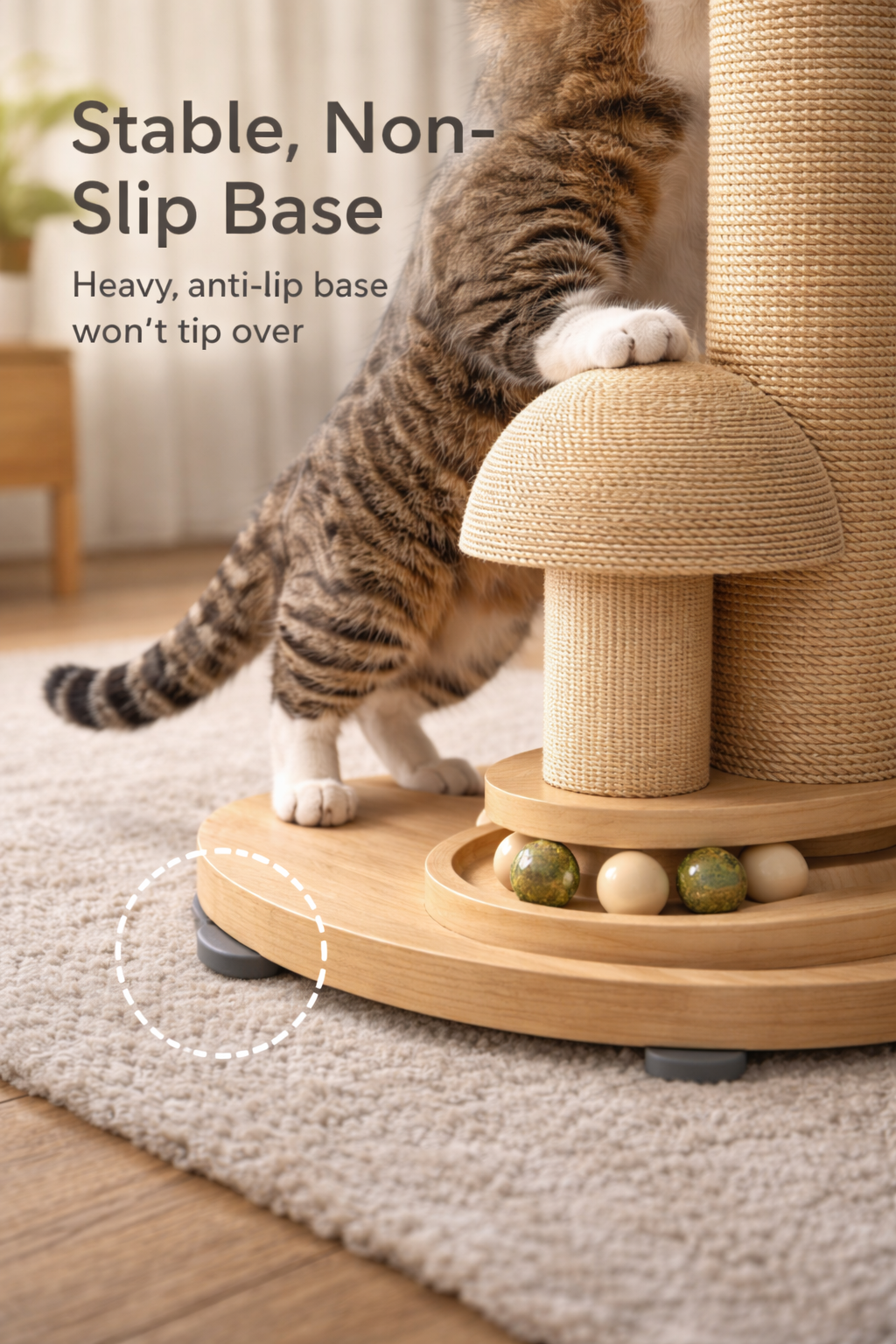 Cat fully stretched while scratching a sturdy post that remains completely stable