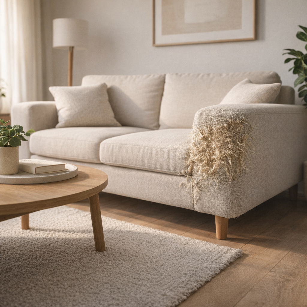 Damaged couch with visible claw marks from cat scratching