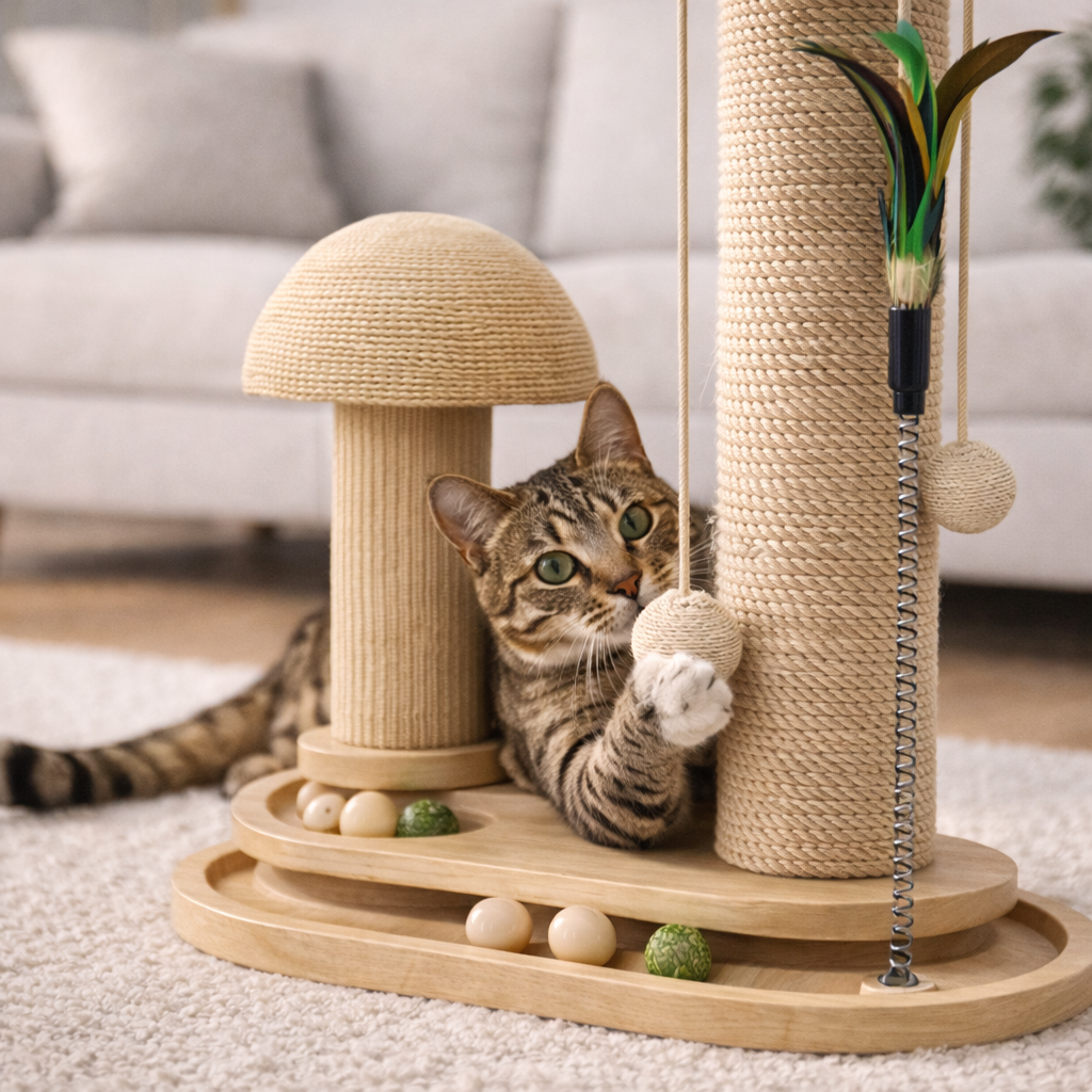 Clean couch with cat happily using PurrTracks scratcher instead