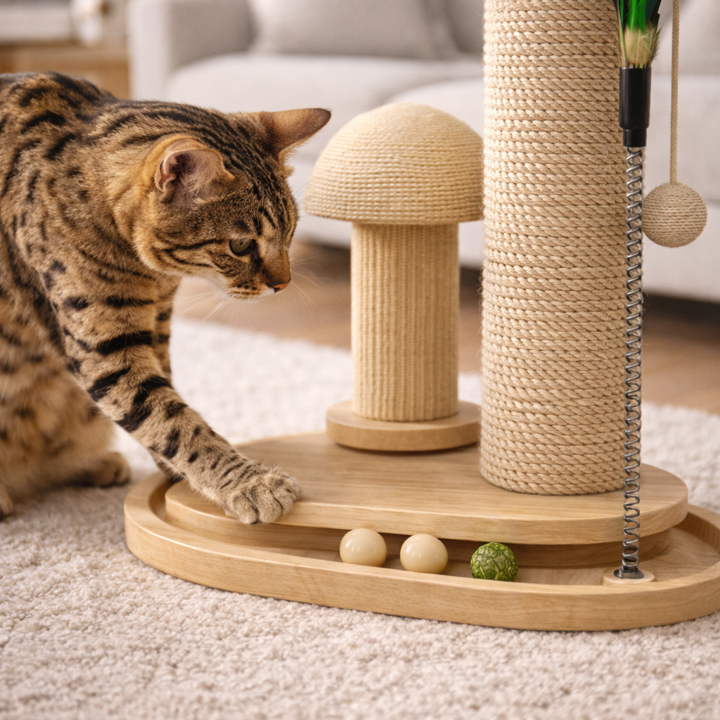 Customer photo: cat using PurrTracks scratcher in a cozy living room